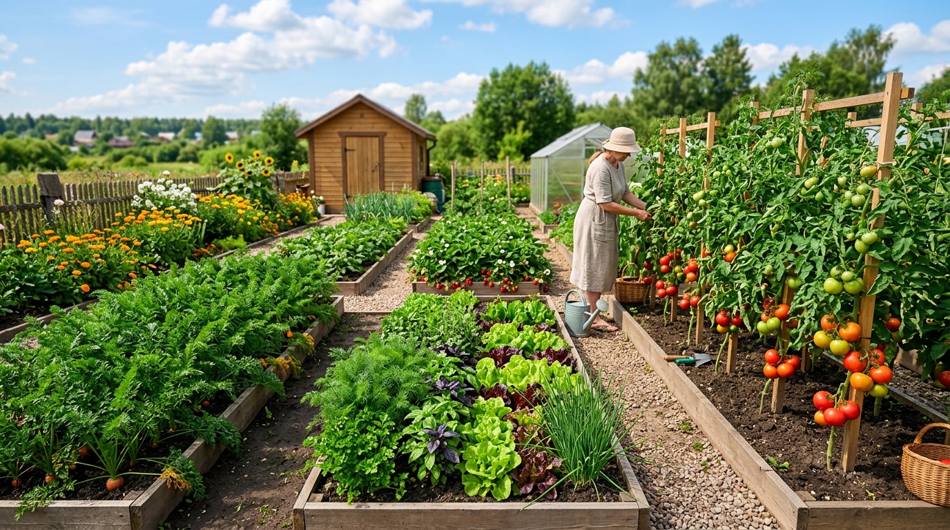 ухоженный огород с разными грядками — томаты, морковь, зелень, клубника — яркие цвета, солнечный летний день