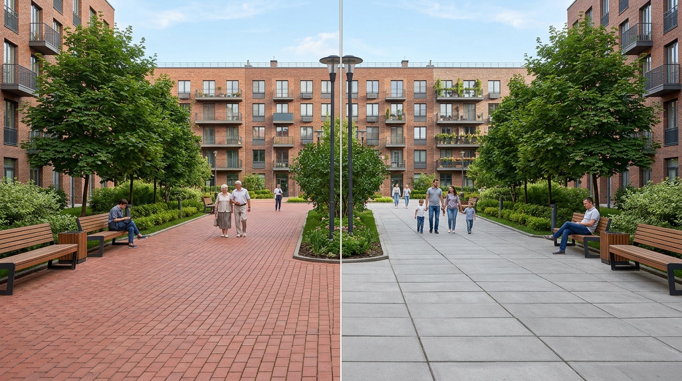 сравнение двух одинаковых дворовых площадок — левая выложена мелким кирпичиком 100×200, правая крупными плитами 600×600, наглядная разница восприятия пространства