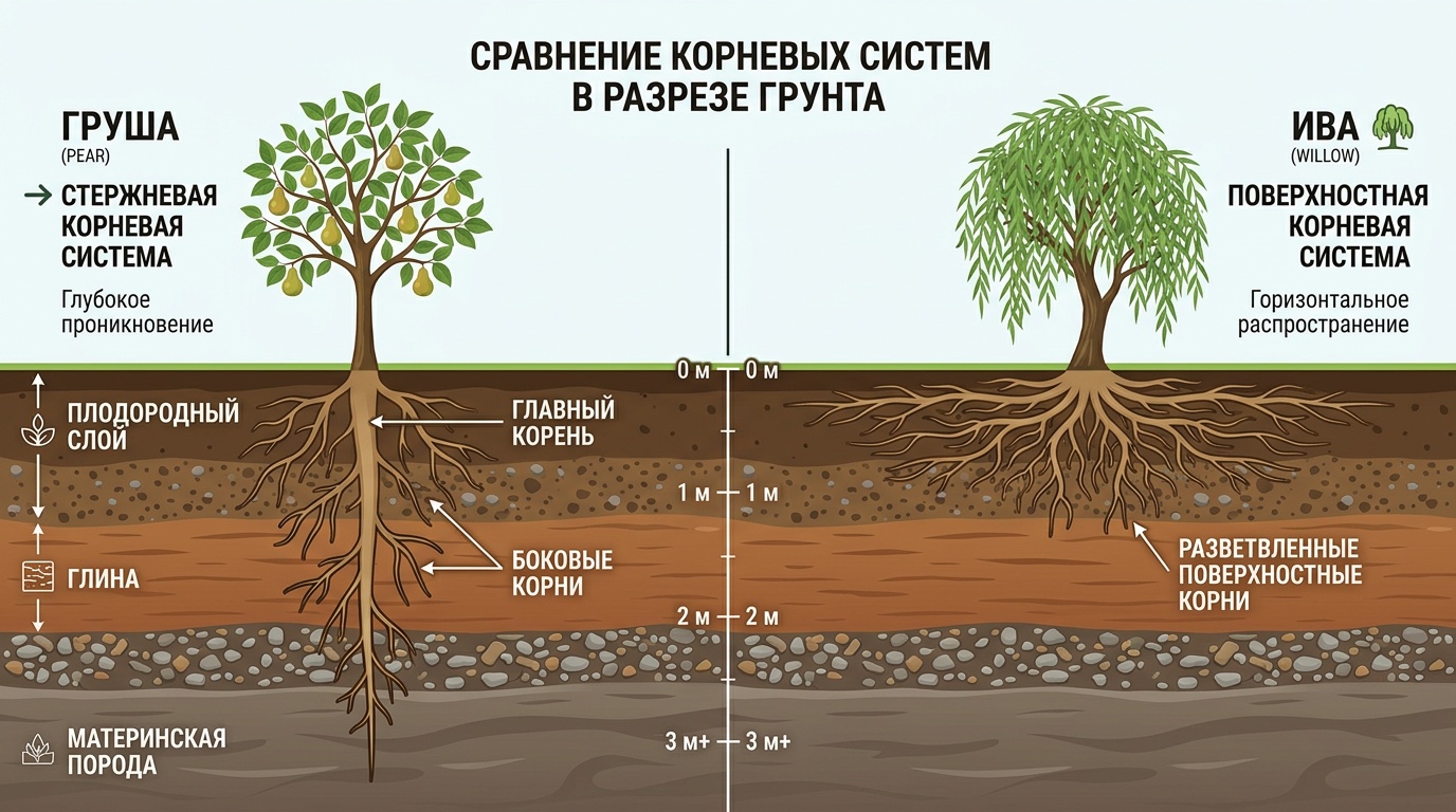 Схема сравнения в разрезе грунта: стержневая корневая система груши уходит вглубь, поверхностная корневая система ивы расходится горизонтально — наглядная инфографика, чистый стиль