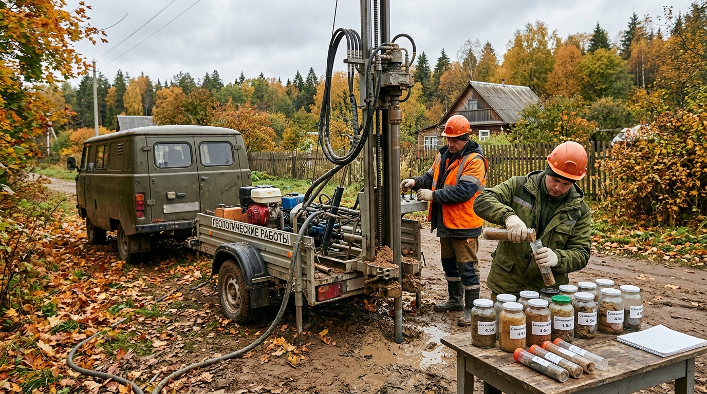 геологи бурят скважину на загородном участке, буровая установка на небольшом трейлере, рядом образцы грунта в колбах, осень, реалистичная атмосфера