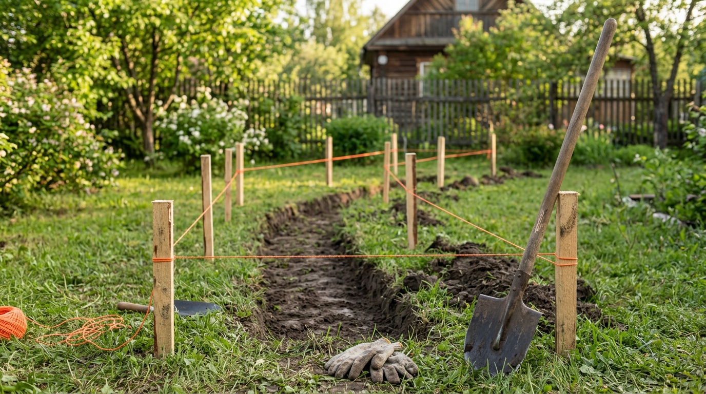 Разметка будущей дорожки колышками и натянутым шнуром на дачном участке, видна размеченная траншея