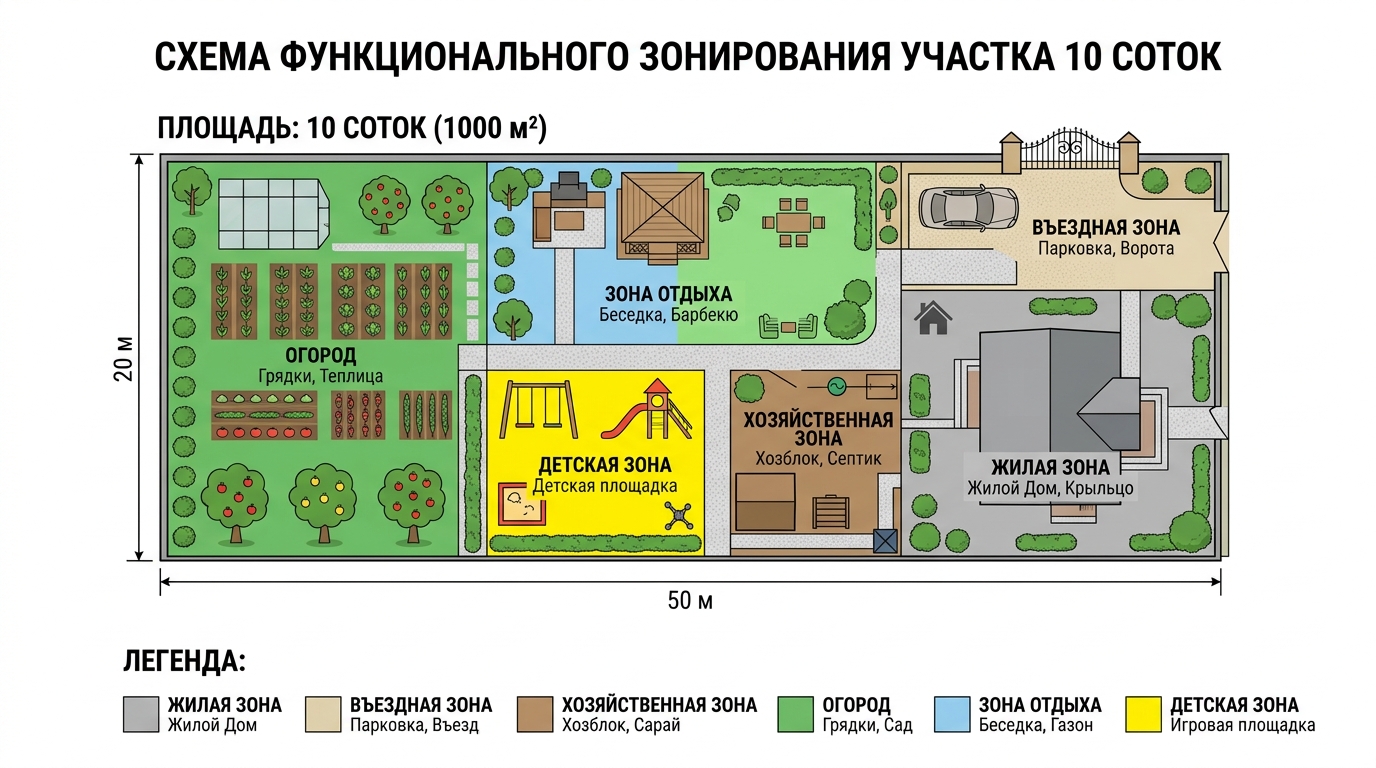 схема зонирования прямоугольного участка 10 соток сверху с цветовыми обозначениями зон: жилая серая, въездная бежевая, хозяйственная коричневая, огород зелёный, зона отдыха голубая, детская жёлтая — чистая инфографика на белом фоне