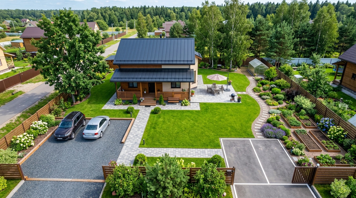 аэросъёмка аккуратного загородного участка с обозначенными зонами — садовые дорожки, двор, парковка, крыльцо, патио, видны разные покрытия в каждой зоне