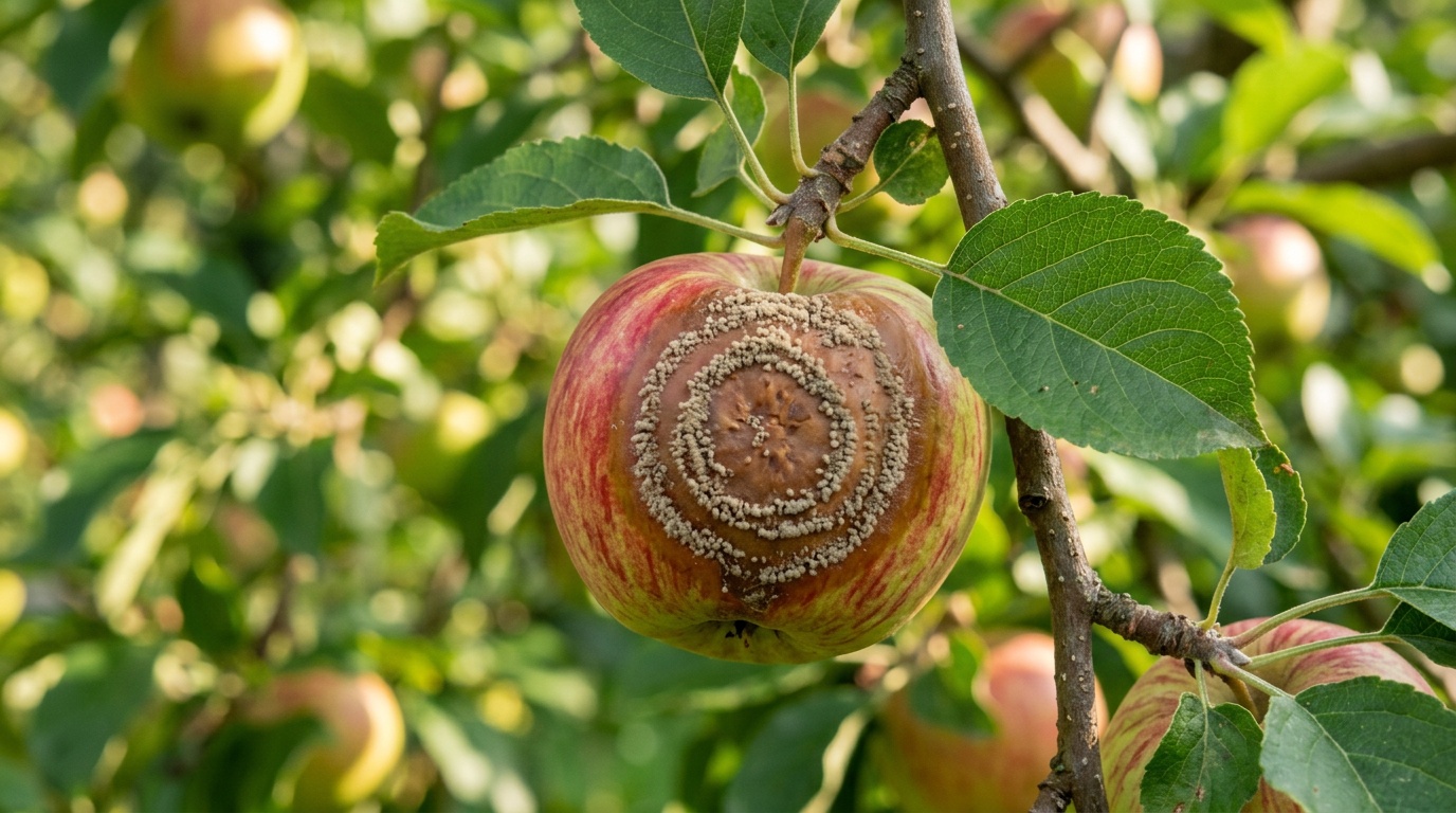 яблоко с характерным бурым пятном монилиоза на ветке — мягкая гниль с концентрическими кольцами серовато-бежевых спор, крупный план, летнее освещение