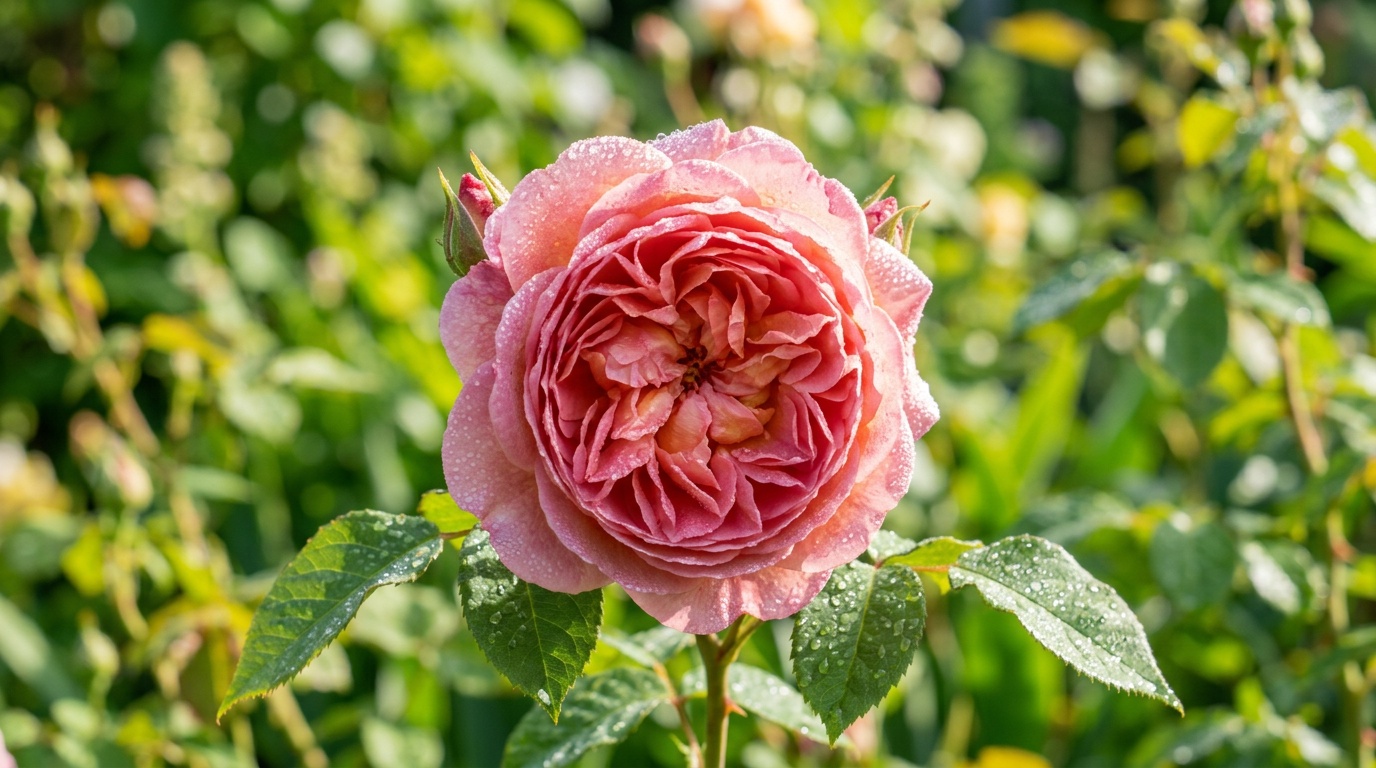 садовая роза в разгаре цветения, крупный бутон с каплями росы, размытый зелёный фон, яркий летний день