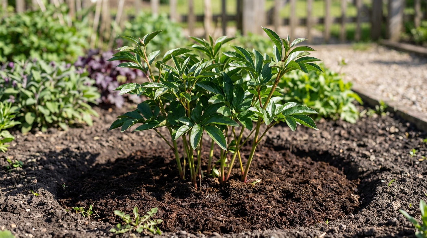 Молодой куст травянистого пиона второго года после посадки — несколько крепких стеблей с тёмно-зелёными листьями, аккуратный приствольный круг с тёмной торфяной мульчей, солнечный сад