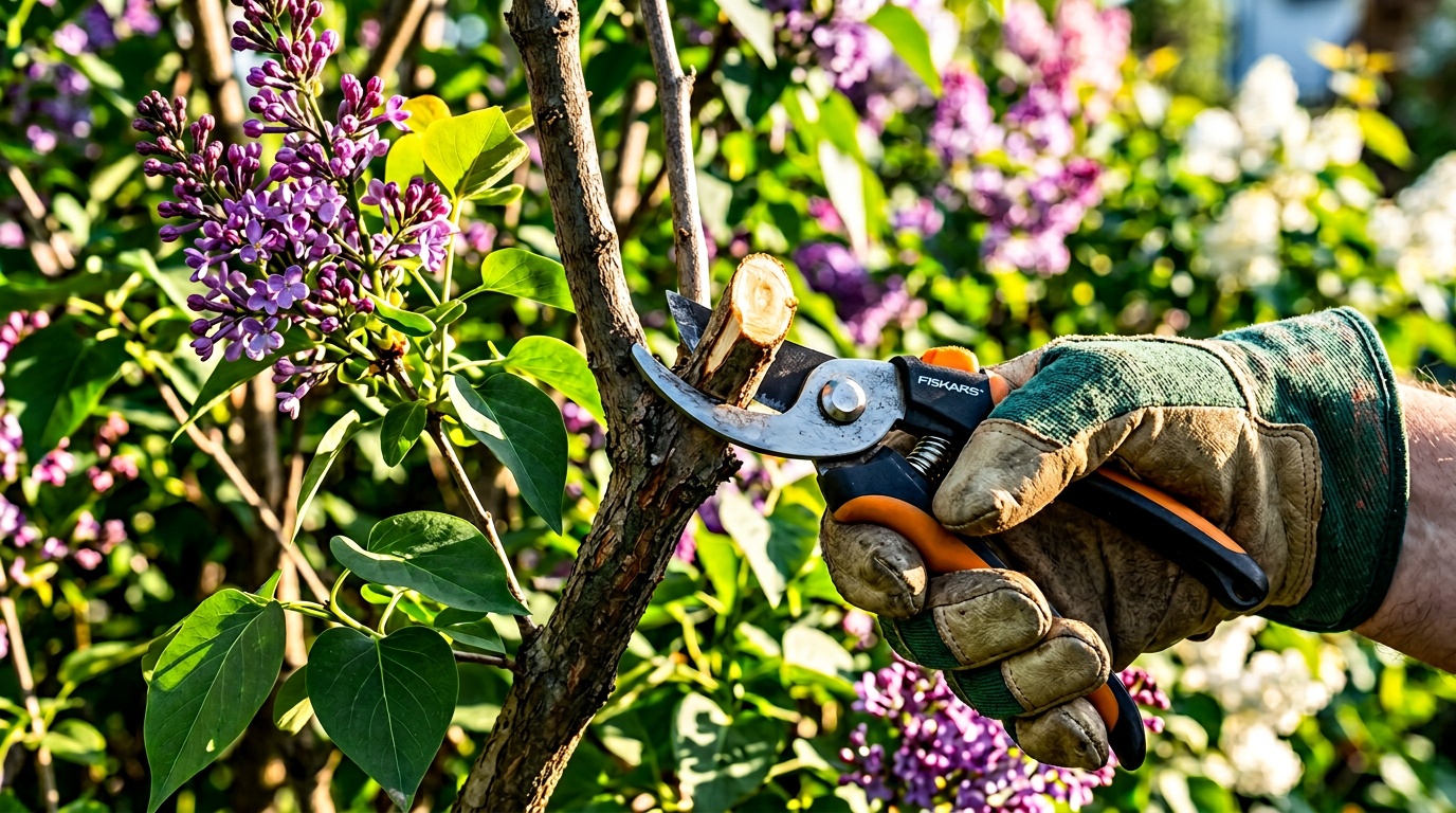 крупный план: рука садовника с байпасным секатором делает срез на ветви сирени, чётко виден угол среза вровень с кольцом, яркое боковое освещение